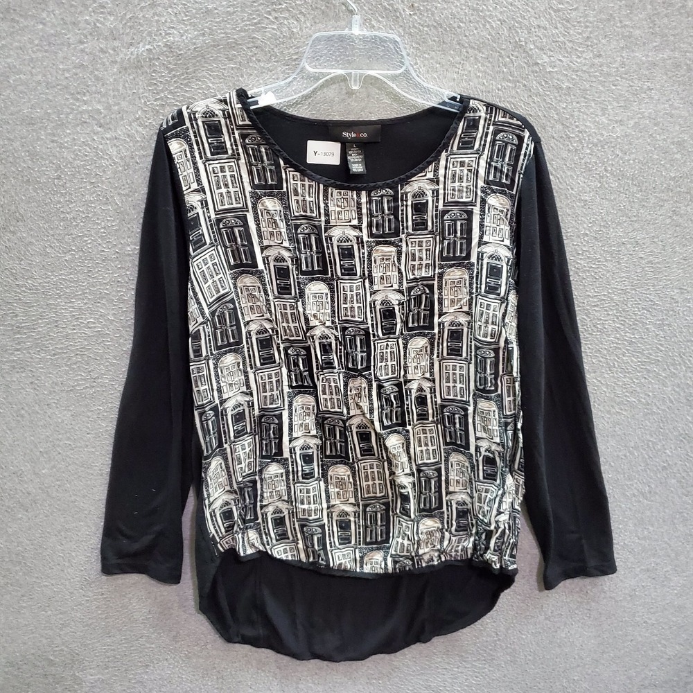 Style & Co Women Top Large Black Blouse Doors Allover Print Long Sleeve Pullover